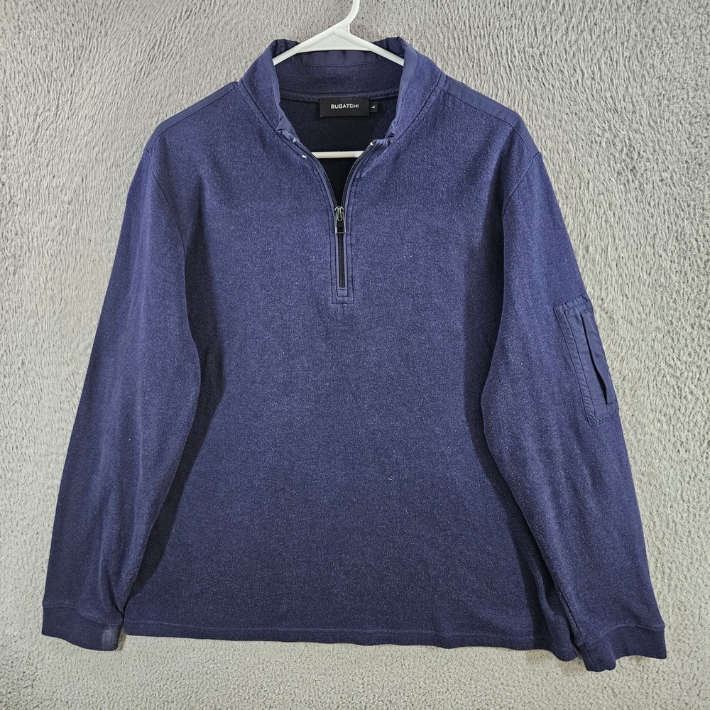 Bugatchi Quarter Zip Pullover Navy Blue Cotton Blend Utility Pocket Mens Large